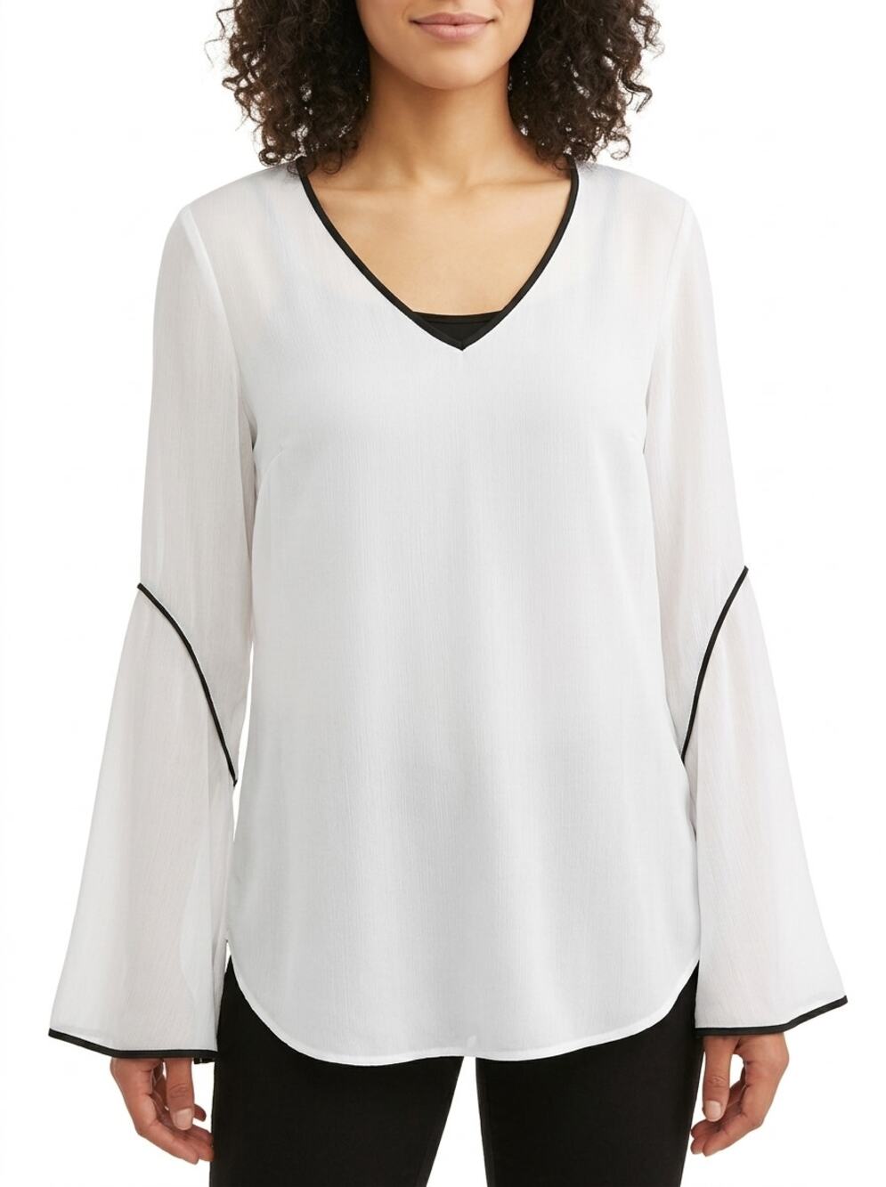 Neiman Marcus White V-Neck Chiffon Bell Sleeve Blouse Women Size S
